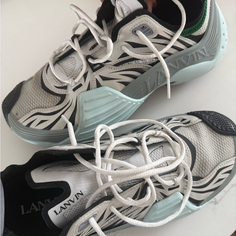 Lanvin Men Black and White Sneakers with Mint Accents